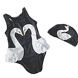 女の子 水着 スワン白鳥柄 連体 女児 赤ちゃん ベビー 子供ミズギ スイミングウェア キュート　ワンピース水着 キャップ付き (身長70-85cm)