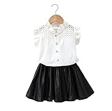 女の子 子供服 綿 中空フリルTシャツトップ+レザースカート ベビーガール 赤ちゃん 可愛い 袖なし膝上丈 普段着 通園 通学上下セット (ホワイト+ブラック, 100cm)