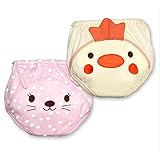 エルフ ベビー(Fairy Baby)ベビー用布おむつ 4重防水 可愛い 再利用可能 通気 トレーニングパンツ 2枚組(猫+にわとり,90)