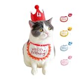 犬 誕生日 帽子 スタイ 被り物 誕生日グッズ 3点セット数字付き 猫 バースデーグッズ ハットペット用 誕生日セット (レッド)
