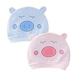 Simple Plan　ベビー　赤ちゃん　新生児　ニット　帽子　ハット 100%綿製　ピンク　ブルー　動物柄　かわいい　ねこ　子豚　2枚組　女の子　男の子 (子豚)