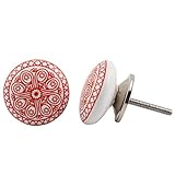 Set of 12 Pieces Metal & Ceramic Red Daisy Cabinet Knobs & Pulls Handmade Designer Silver Finish [並行