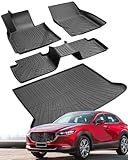 マツダCX30用カーフロアマット:2020 2021 2022 2023 2024 2025 全天候型自動車用カーゴライナーフルセットアクセサリー、マツダCX-30用カットソムフィット ブラックラバートレイ トランクマットアクセサリー