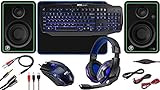 RitzGear ブルーゲームアクセサリーキット I 4イン1 LEDコンボ マルチメディアキーボード、光学マウス、マウスパッド&ヘッドセットとアダプター付き Windows 7+ デスクトップ、ノートパソコン、Xbox、PS4、CR3-X Bluetoothモニター用