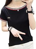 【Smile LaLa】 レディース トップス Tシャツ カットソー ボーダー 半袖 シンプル カジュアル ライン 無地 春服 夏服 (L, ブラック)