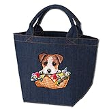 ファスナー付デニムトート/カゴ模様 内ポケット付/デニムバッグ/お散歩バッグ/ジャックラッセルテリア1/犬 かばん トートバッグ/キャンバス雑貨グッズ犬雑貨