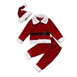 男の赤ちゃん クリスマス服 コスチューム衣装 ベルベットロングスリーブアウトレットジャケット+サンタロングパンツ+帽子 (80cm(6ヶ月~12ヶ月), レッド)