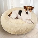 犬 ベッド 猫 クッション グッズ - ラウンド型 もふもふ 丸型 OYANTEN ドーナツふわふわ もこもこ ぐっすり眠る 洗える 通年 コーギー/柴犬/中型犬用品 (75cm, ベージュ)