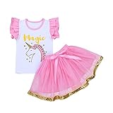 (フィーショー)FEESHOW 子供服 女の子 ベビー服 Ｔシャツ スカート セット 可愛い ユニコーン タンクトップ 肌着 出産祝い 誕生日 お出かけ ホワイト＆ピンク 110