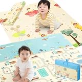 life_mart プレイマット 赤ちゃん リバーシブル 【 選べる アニマル柄 ＆ タウンマップ柄 】 大判 低ホルムアルデヒド 床暖 防水 防音 ベビーマット 折りたたみ式 すべり止め かわいい (アニマル柄)