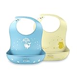 SONARIN防水シリコンビブス【日本正規品】100％食品グレード素材ベイビービブス快適なワイプクリーナー、ワイドポケット付きスーパー快適な調節可能乳幼児の授乳用ビブ、2枚組(ブルー / イエロー)