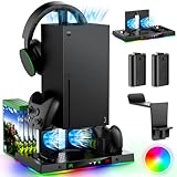 Upgrade Cooling Fan & Dual Charging Stand for Xbox Series X Console & Controller,Cooler Charger Station System for Series X with 15 RGB Lights,2 x 1400mAh Rechargeable Battery,Disc Accessories Storage