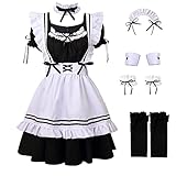 [DERAYEE] コスプレ メイド服 クリスマス ハロウィン ゴスロリ 10点セット カワイイ エプロン シースルー 仮装 学園祭 ストッキング付き ワンピース メイド 女装 (L, 黒い)