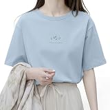 [AOY] tシャツ レディース 半袖 【大人可愛いTシャツ・夏のマストアイテム・肌ざわりなめらか】 トップス カットソー ティーシャツ 丸首 クルーネック カジュアル 着痩せ ゆったり 重ね着 シンプル かわいい きれいめ お出かけ 夏 (JP, アルファベット, L, ライトブルー)