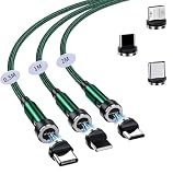 マグネット充電ケーブル 7ピン接点 データ通信 & 3A急速充電 USBケーブル 3本セット & 6個コネクター 480Mbp転送 540°回転 防塵 磁石 片手操作 3in1の充電コード 3種類の端子For Phone Type-C USB Micro 全機種対応（0.5M+1M+2M グリーン）
