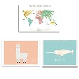 保育園壁アートコレクション、セットの3つの11 x 14 Prints , Little Earthコレクション、世界地図、Llama、Narwhal、壁アート子供、保育園インテリア、Children