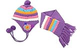 Plus Nao(プラスナオ) 子供用 ニット帽＆マフラー 2点セット 耳当て付き ポンポン付き カラフル バイカラー ベビー キッズ 男の子 女の子 帽子 ぼうし あったか 防寒 - パープル