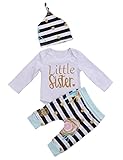 幼児の赤ちゃんの女の子の服リトルシスターロンパートップ+ストライプの花のズボン+帽子 (3-6 M, A)