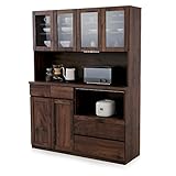 LOWYA （ロウヤ） 〈国産〉キッチン 食器棚 蒸気を吸水 調湿 モイス加工 耐震ラッチ 日本製 コード穴 木製 レンジ台 ガラス扉 幅140cm 高さ182cm ブラウン おしゃれ