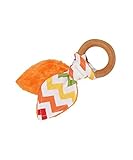 Natural Organic Maple Wooden Teething Ring Toy - Bunny Ears Teether - Retro Wave Fabric and Orange M