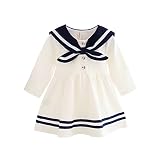 ベビー服　女の子　ベビー　ワンピース　ドレス　秋　長袖　白　ホワイト　綿　セーラー風　セーラー襟　ボーダー柄　結婚式　入園式　通園　出産お祝い　カジュアル　80　6か月～12か月 [並行輸入品]