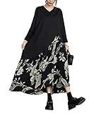 [ＴＡＩＴＥＮＧ] マキシワンピース 長袖 花柄 切り替え vネック ロング丈 ワンピース 秋 オーバーサイズ ゆったりワンピ チュニック 体型カバー 着痩せ 秋物ワンピース(Qブラック)