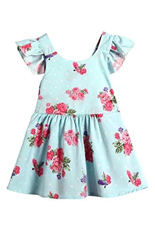 Amazon ワンピース ドレス 肩フリル フリフリ バラ柄 花柄 子ども服 キッズ 女の子 ガールズ 水色 100 ワンピース チュニック 通販