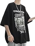 [Luxe Relax] メンズ tシャツ 半袖 ロゴ 綿100％ バンドT レトロ 夏 ゆったり 無地 綿 シンプル おしゃれ 大きいサイズ 夏服 uネック プリント ロック バンド てぃーシャツ 黒t トレーニング ビックシルエット ティー オシャレ カッコいい ペア パジャマ ゆるめ 大きめ カジュアル トップス 黒 ブラック 3S-L04-BK2XL