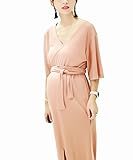 Spinas (スピナス) マタニティ レディース リゾート に お出かけ に 着たい 美しい Ｖネック デザイン ロング ワンピース フロント スリット 入り 5分袖 ドレス 全2色（ピンク/ブラッ