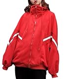 [1/2style] ニブンノイチスタイル ジャンパー ライン 入り スウェット トップス ウィンド ブレーカー ライト アウター 裏 起毛 レディース (赤,M)