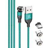 DAIAD USB A to Type-C マグネット式 充電ケーブル 1PIN 充電専用 着脱式 LED付き 防塵キャップ 首振り L字 360度回転 ナイロン編組 端子3個セット 3m (グリーン)