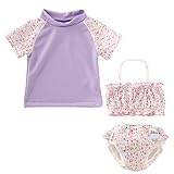ベビー 水着　ビキニ+半袖ラッシュガードセット ハイネック 女の子 (80cm,90cm,100cm) (80cm, 小花柄)