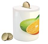 緑とオレンジコインボックスBank by Ambesonne、フレッシュライムwith Halfオレンジ冬シーズンFruits Citrusテーマ、印刷セラミックコイン銀行お金ボックスの保存の現金、オ