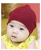 新生児帽子　ビーニーハット　ニット帽子 赤ちゃん 帽子 17色あり (M(10-48ヶ月 、頭囲36-52cm）, スカーレッド（Wine）)