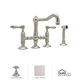 Rohl A1458XMWSSTN-2 Country Kitchen Three Leg Bridge Faucet with Metal Cross Handle, Satin Nickel by
