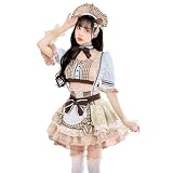 [Malymoon] コスプレ メイド ウエイトレス マカロン ピンク ベージュ ブラウン ブルー フリル チェック 衣装 仮装 マリームーン 11点セット 8875-4 (チョコレートベージュ)
