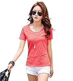 【Smile LaLa】 レディース 半袖 カットソー トップス Tシャツ タイト 無地 シンプル パイピング きれいめ 夏服 カジュアル 女性 (オレンジ, L)