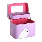 CXYP　化粧ボックス　メイクボックス　化粧品ボックス　コスメボックス　小物入れ　大容量　二段タイプ　取っ手付　携帯に便利　可愛い　ネコちゃん (パープル)