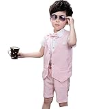 ViVaShop 男の子スーツ フォーマル シャツ パンツ 蝶ネクタイ ベスト付き 七五三 結婚式 4点セット ピンク 90cm
