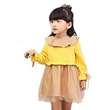 Pojour 春 1-6歳女の子向き ドッキングチュールワンピース 子供かわいいプリンセスドレス 黄色(100cm)