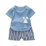 Kunton 乳幼児の 子供の男の子の半袖漫画のプリントシャツ+ストライプポケットのズボンのスーツ2セット (24M/L, 青)