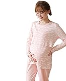 【小丸子の花轮クン】コットンだから肌に優しい！ マタニティ 授乳口付き ルームウェア コットン 前開き 産前産後 セットアップ 全4色 (L, ピンク（雲）)