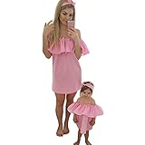 Franterd Mommy & Me Mom & Baby親子スラッシュネックファミリMatching夏ミニドレス ピンク