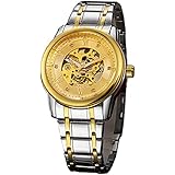 自動巻き 腕時計 ジュエルインデックス スケルトン ゴールド ブラック ステンレスベルト メンズウォッチ シースルー ゴールド