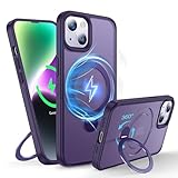 FNDMIL【米軍MIL規格・Magsafe対応】360°回転 iPhone 14 Plus/15 Plus 用 ケース [滑り止めテクスチャ] [目に見えないスタンド]シリコン付き半透明マットハードケース アイフォーン 14 Plus/15 Plus 用 ケース マグセーフ対応 ワイヤレス充電対応 薄型 （パープル）