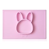 INCHANTかわいいウサギの赤ちゃん摂食プレースマット、再利用可能な食品グレードシリコンキッズプレート、ボウル＆プレート2イン1、幼児＆キッズ、電子レンジ対応食器洗い乾燥機で洗え、BPAフリー、ピン