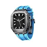 AEMALL Apple Watch Band 45mm 44mm modキットアクセサリーのシリコンウォッチバンドメタルケースiwatch用ウォッチバンド SE/4/5/6/7ツール付きシリーズ (Color : Black Sky blue, Size : 44MM FOR 6/5/4/SE)