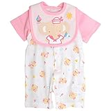 ベビー カバーオール 新生児 半袖 前開き スタイ付 赤ちゃん ベビー服 ロンパース 綿100％ ピンク 60-70cm