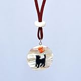 【にゃんこな日々】 満月 ネコ & 蝶 夜光貝 レザー ペンダント (合皮 赤茶色紐)