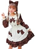 [尚基製造] メイド 服 ゴスロリ 萌え コスプレ 衣装 フリル ロリータ カチューシャ 付き 4点 セット 清楚 可憐 ウェイトレス レディース ドレス 喫茶店 遊園地 可愛いメイド服 コスプレ 衣装 長袖 (L, ブラウン)